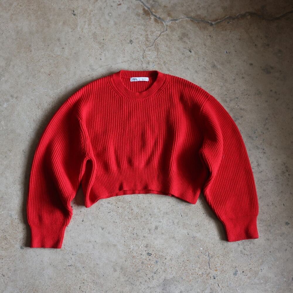 Zara Red Ribbed Cropped Sweater Medium Soft Cozy Knit